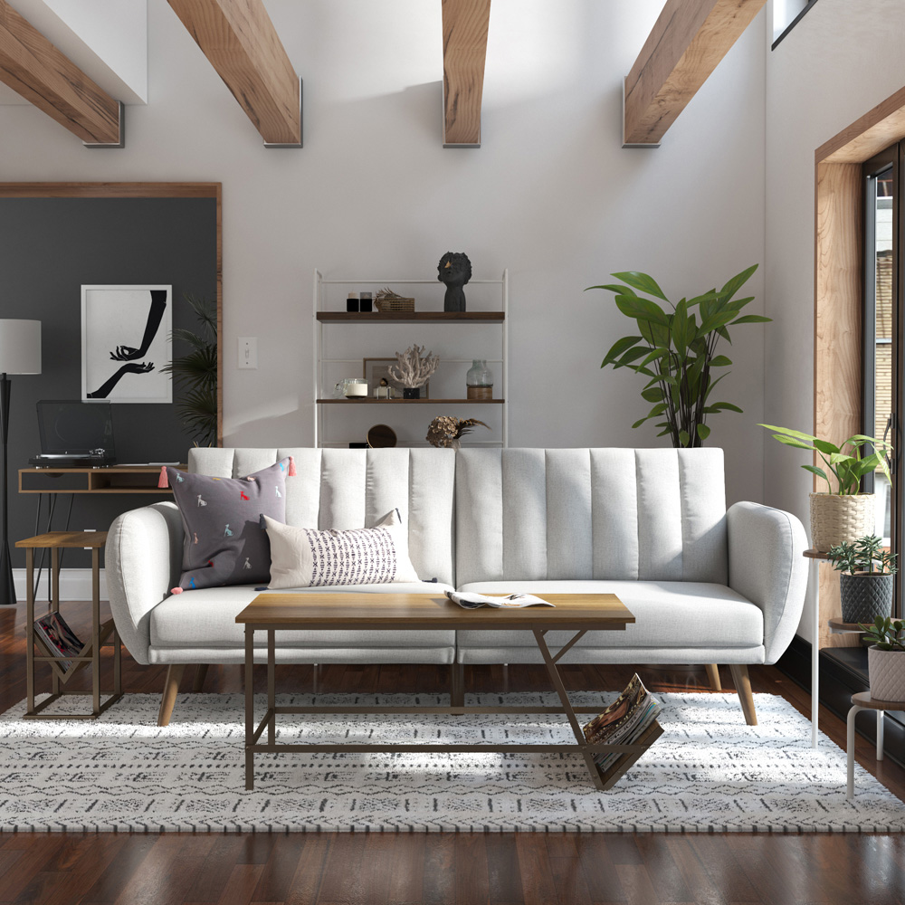 Novogratz Brittany 3 Seater Light Grey Linen Sofa Bed with Wooden Legs Image 8