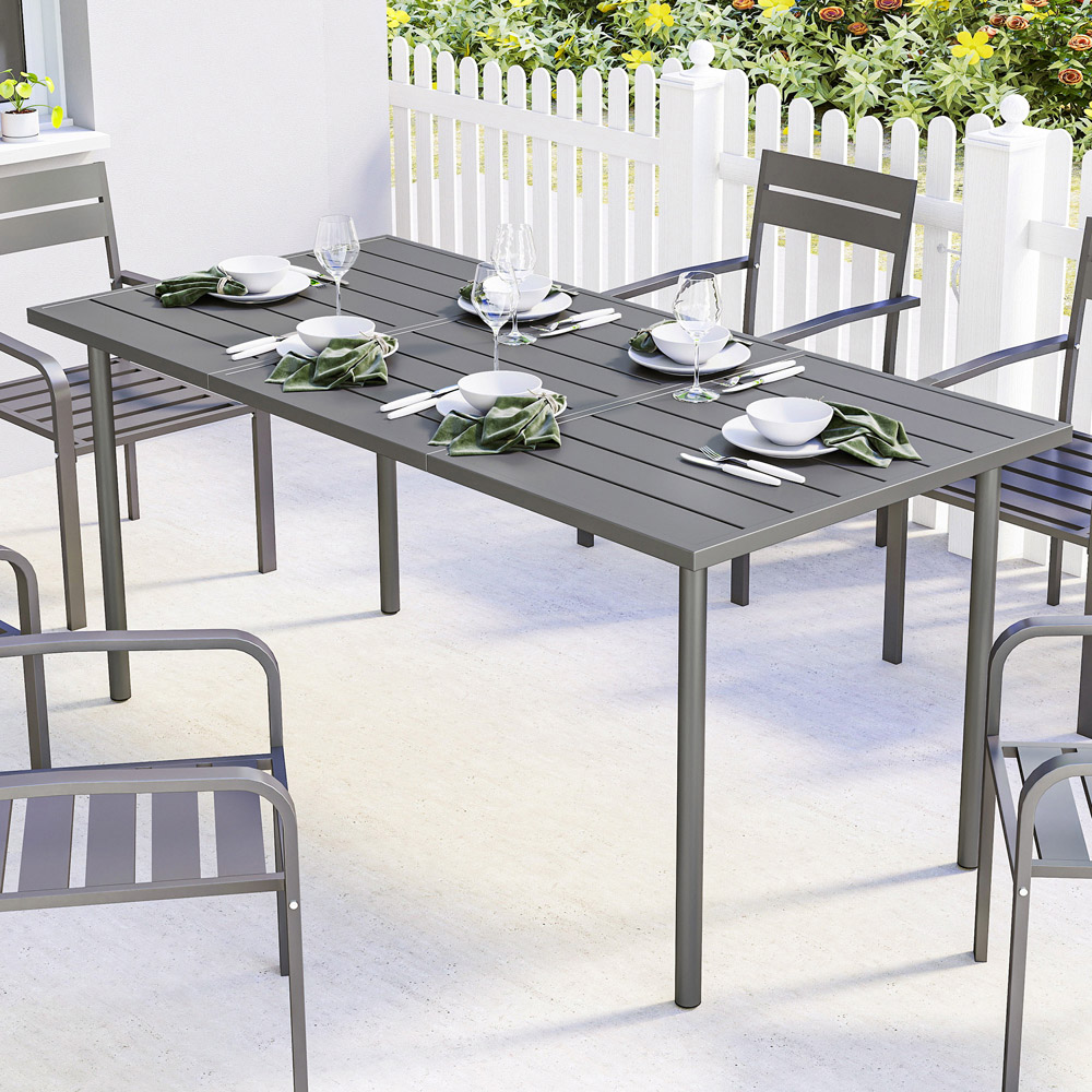 Outsunny 6 Seater Slatted Garden Dining Table Dark Grey Image 1