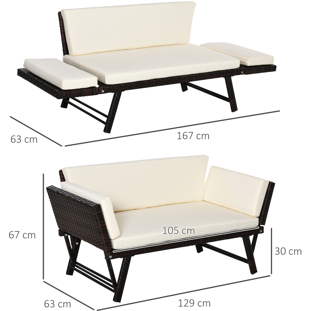 Outsunny 2 Seater Brown Rattan Foldable Daybed Sofa Bench with Cushion Image 7