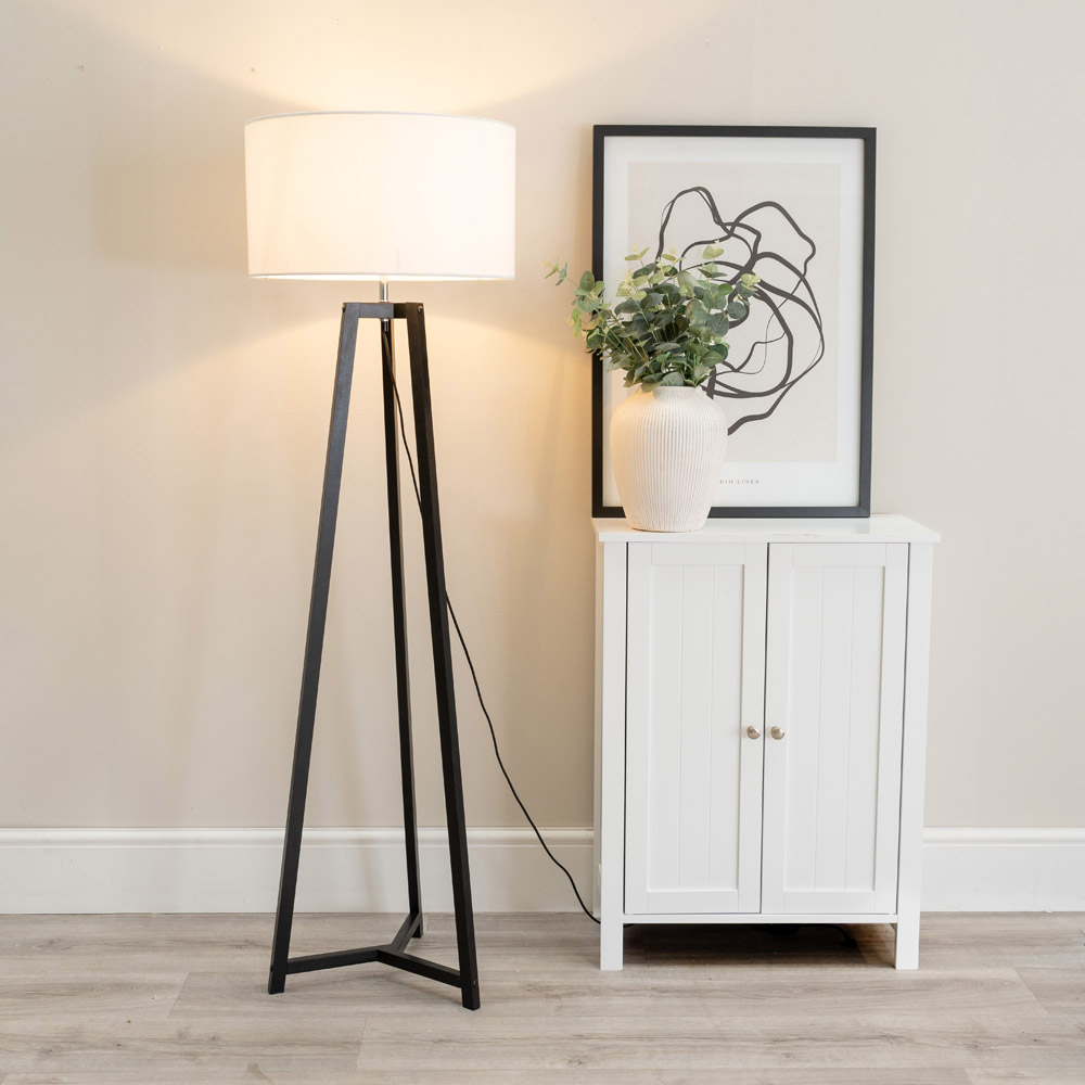 ValueLights Lottie White Fabric Drum Shade Black Wood Tripod LED Floor Lamp Image 2