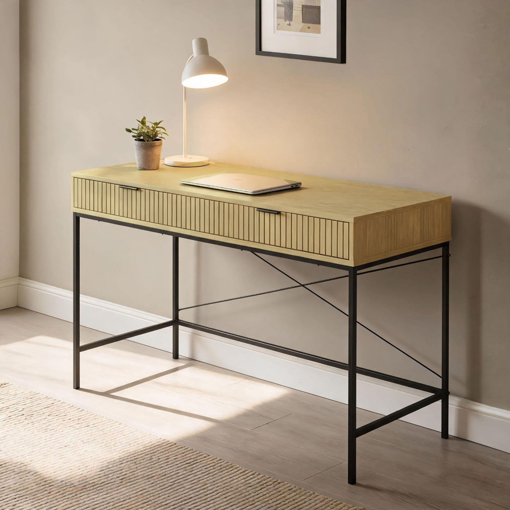 Home Source Wisbech 2 Drawer Oak Effect and Black Desk Image 8
