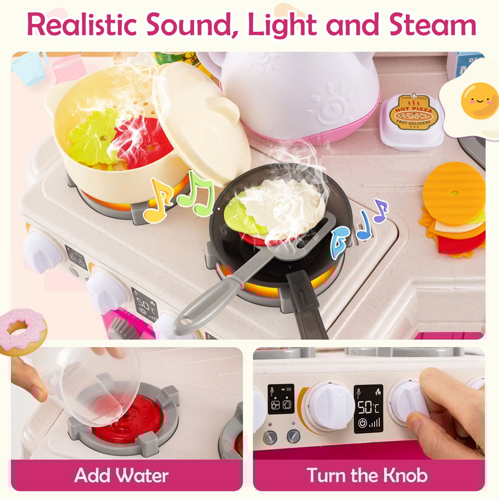 Costway Kids Pink Corner Kitchen Play Set with Realistic Sounds and Lights Image 5