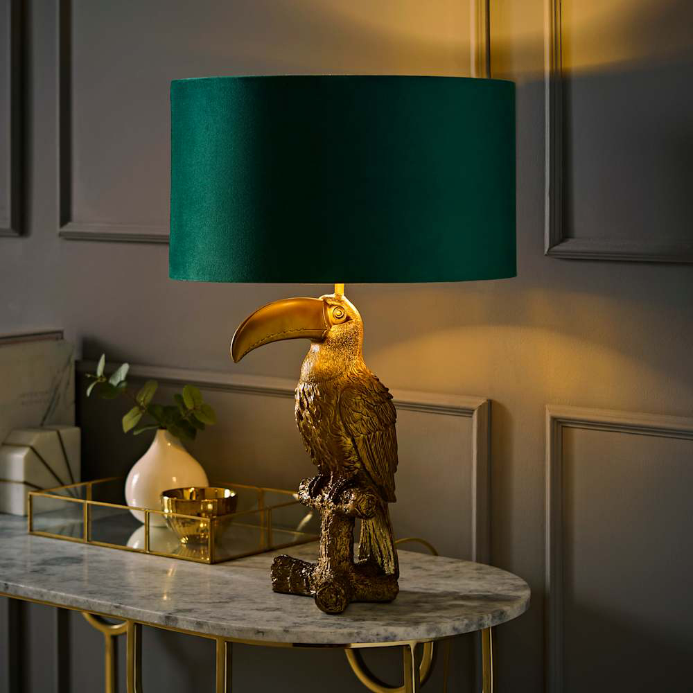 ValueLights Tuki Toucan Gold and Green Velvet Shade Brushed Bronze Table Lamp with Bulb Image 6