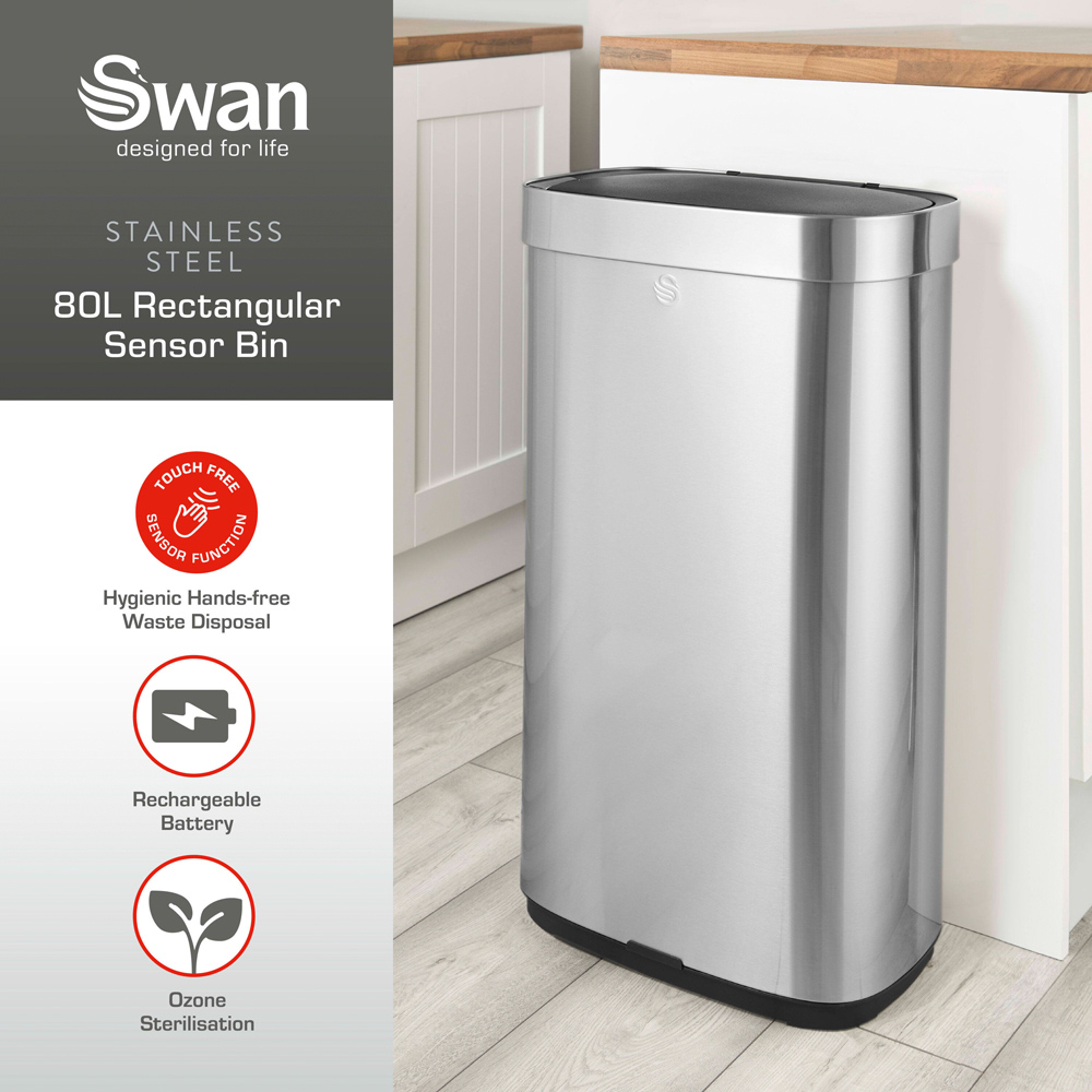 Swan Silver Stainless Steel Rectangular Sensor Bin 80L Image 3