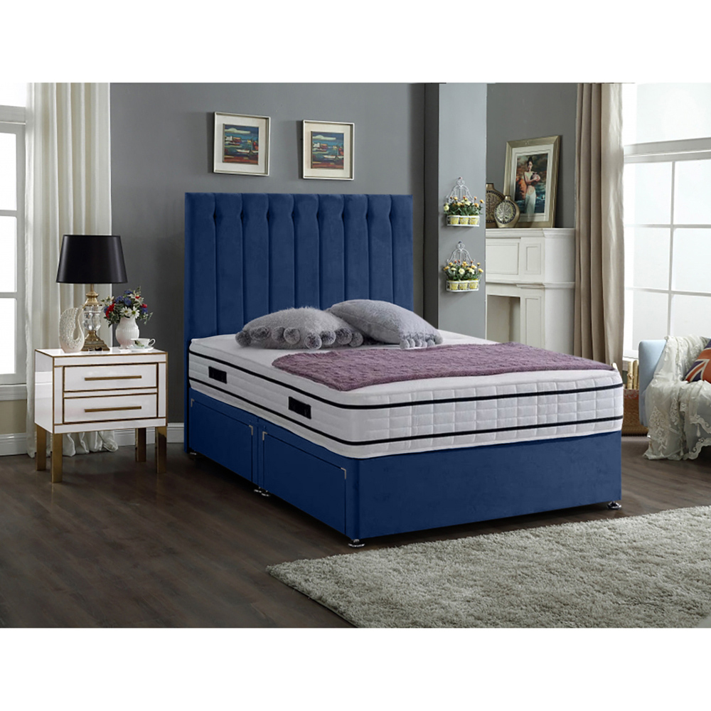 Eleganza Home Snuggler Small Double Sapphire Plush Velvet 2 Drawer Divan Bed with Lined Headboard Image 2