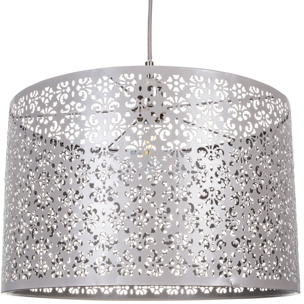 Happy Homewares Grey Metal Marrakech Designed Pendant Shade with Floral Decoration Image 1
