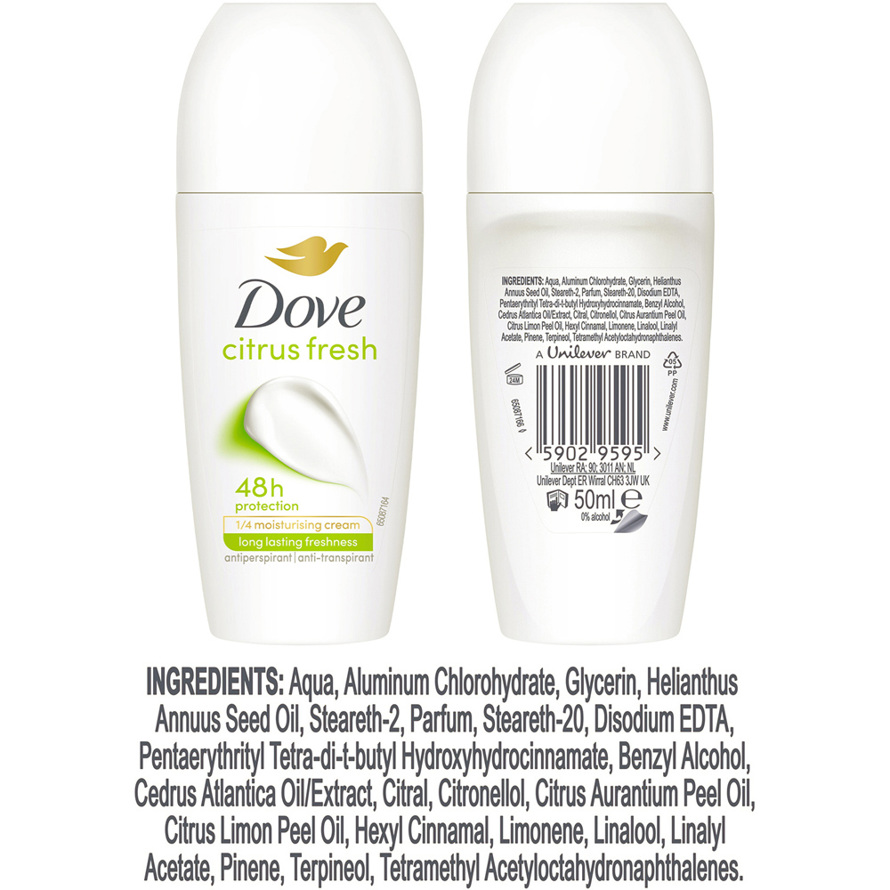 Dove Citrus Fresh 48H Sweat and Odour Protection Antiperspirant Roll On 50ml 6 Pack Image 7