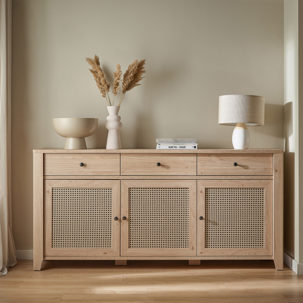 Florence Cestino 3 Door 3 Drawer Jackson Hickory Oak and Rattan Effect Sideboard Image 5