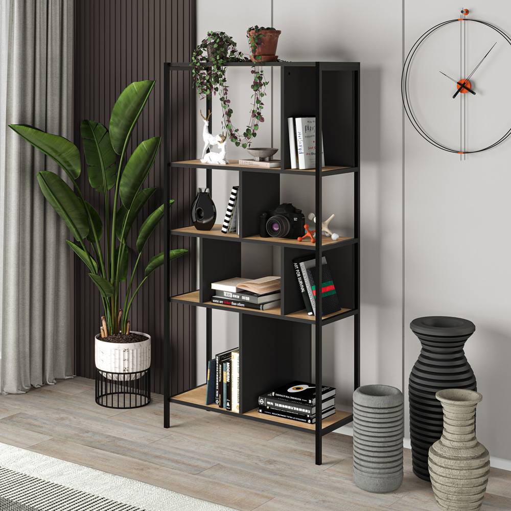 Decortie Midi 5 Shelf Oak Silky Black Modern Tall Bookcase Image 5