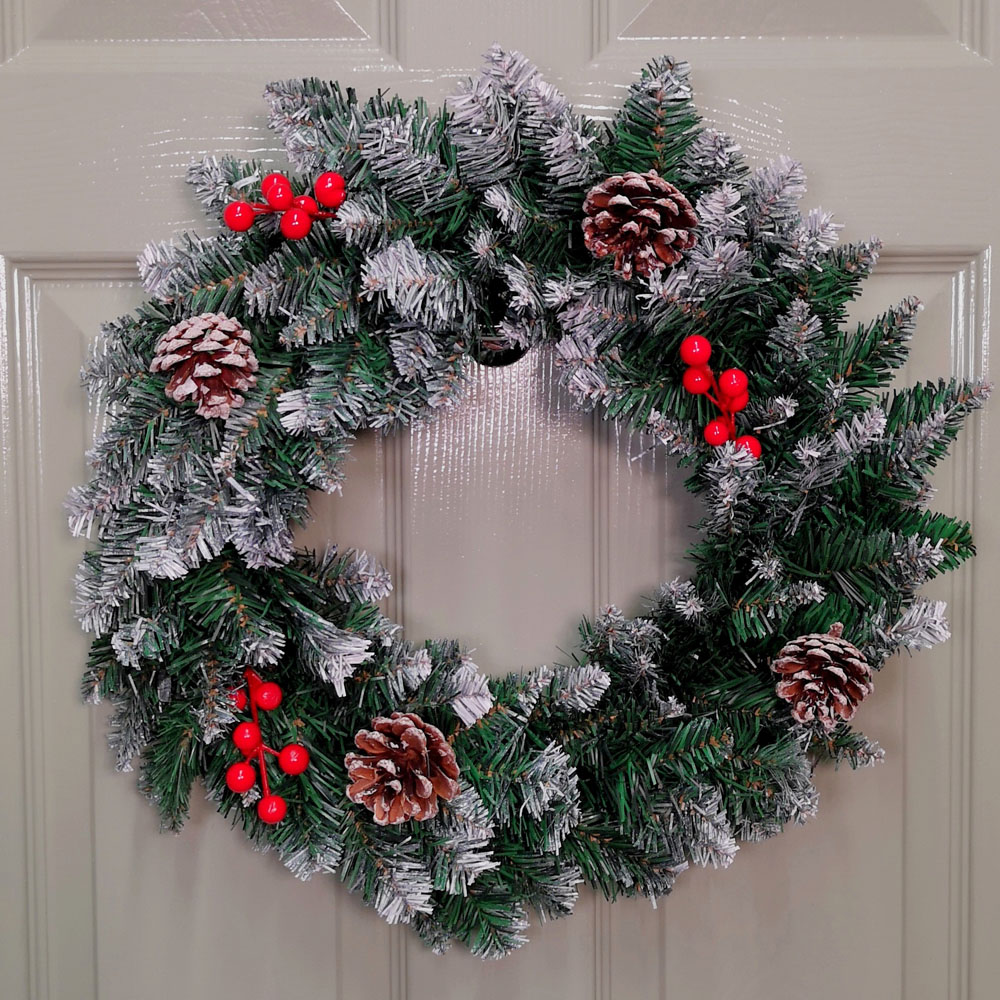 Samuel Alexander Snow Tipped Christmas Wreath with Pine Cones and Berries Green 45cm Image 2