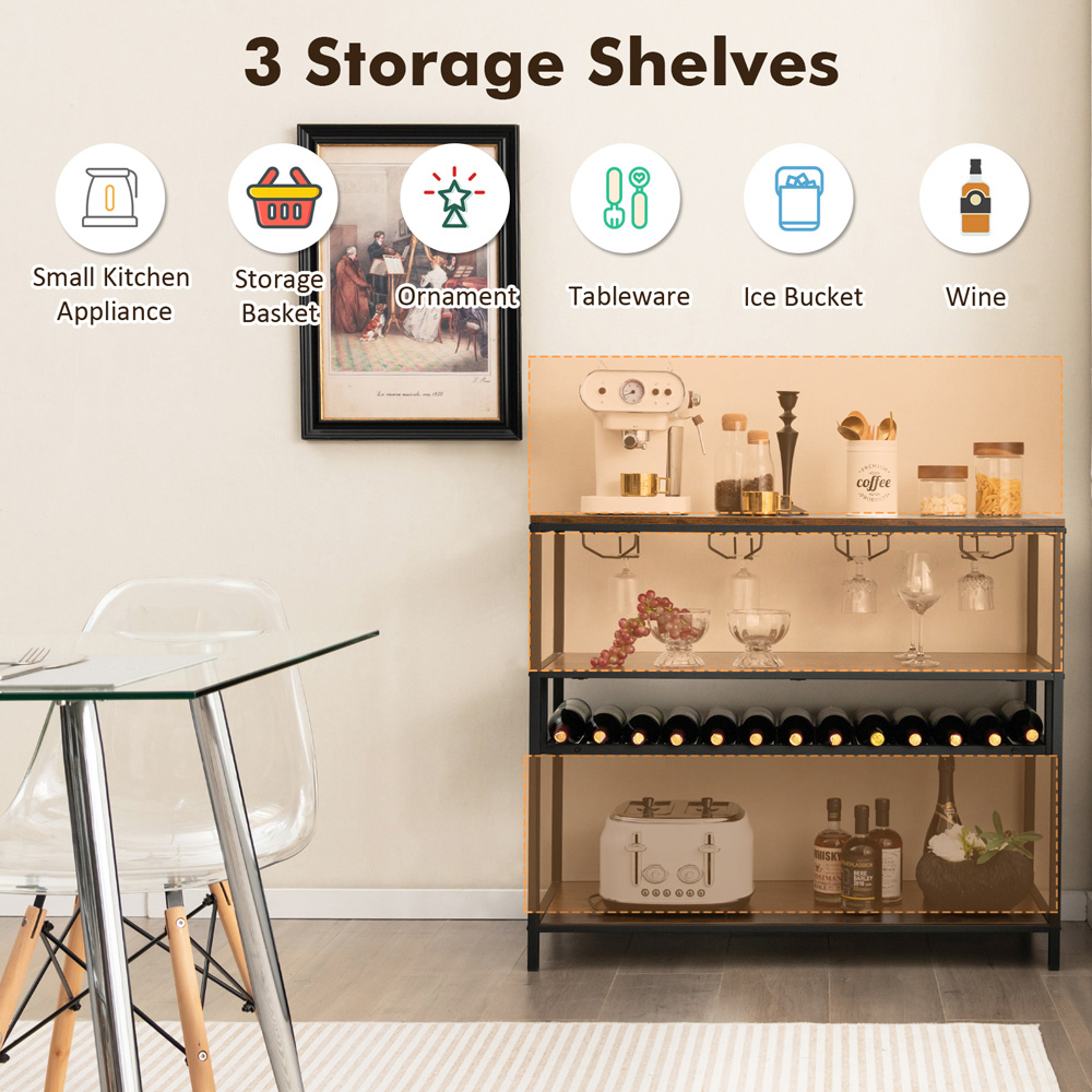 Costway 3 Shelf 14 Bottle Industrial Wine Rack with Glass Holders Image 5