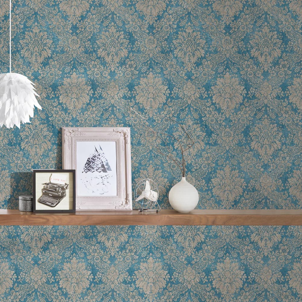 A.S Creation Damask Teal Turquoise and Beige Non-Woven Wallpaper Image 2