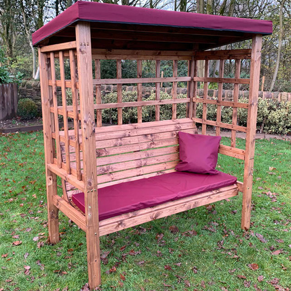 Charles Taylor Bramham 3 Seater Wooden Arbour with Burgundy Canopy Image 1