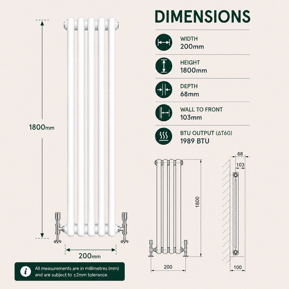Go Bathrooms Uxbridge White Vertical Traditional Colosseum Radiator 1800 x 200mm Image 7