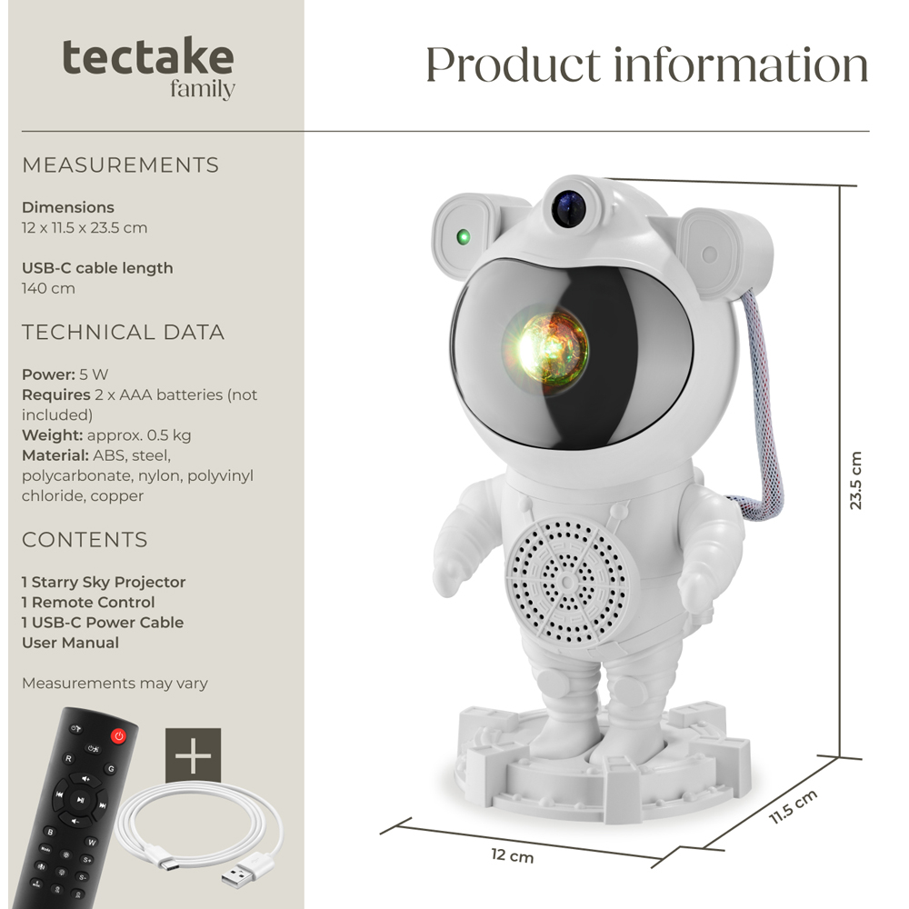 tectake White LED Starry Sky Projector Astronaut with Bluetooth and Remote Control Image 9