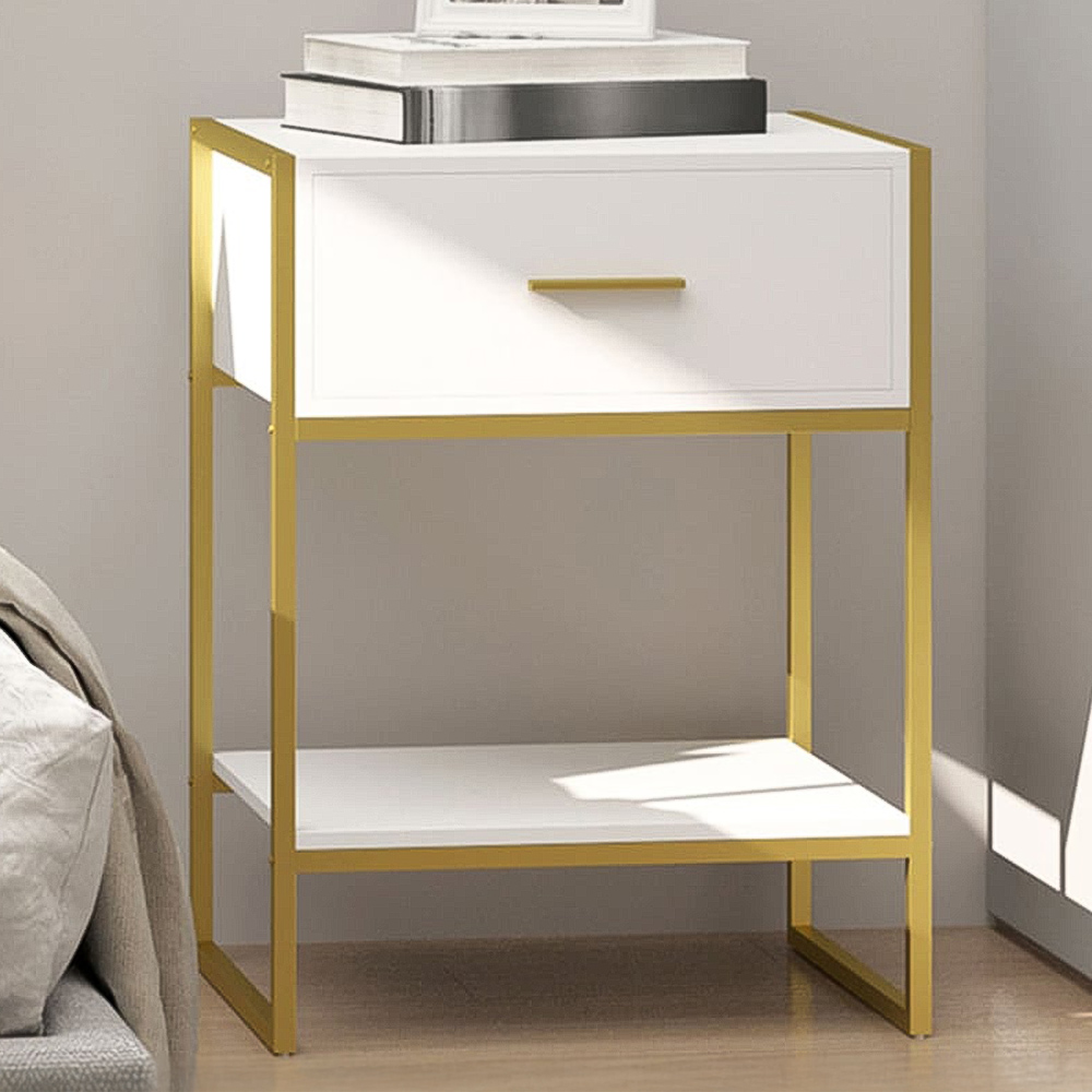 Portland Single Drawer and Shelf White and Gold Bedside Table Image 1