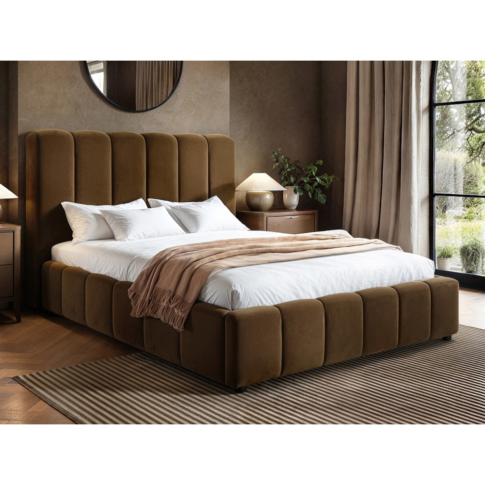 Solace+Co Emilie Double Brown Velvet Ribbed Ottoman Bed Image 7