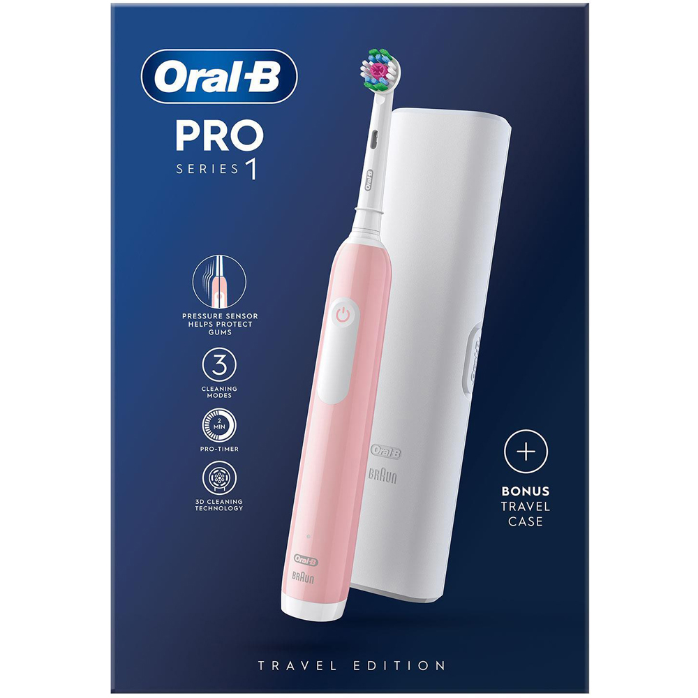 Oral-B Pro 1 Pink Electric Rechargeable Toothbrush with 8 Cross Action Black Refill Head Image 2