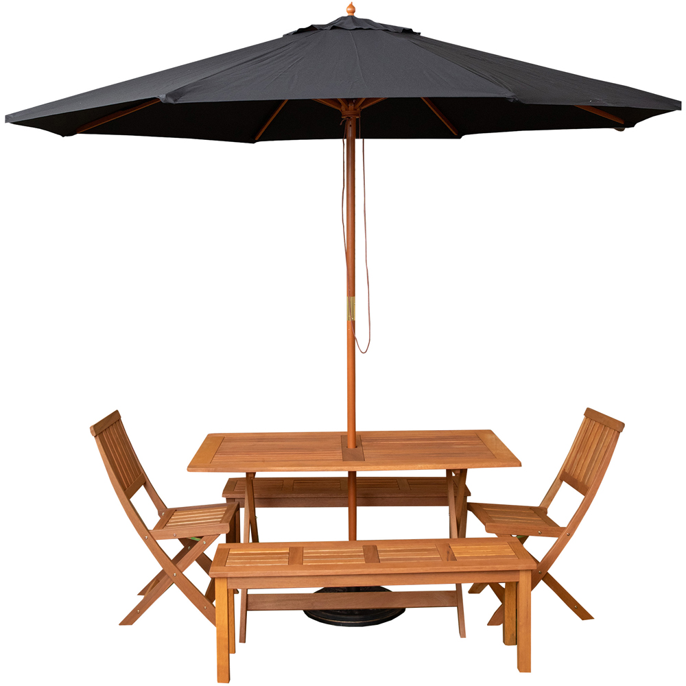 Samuel Alexander 6 Seater Wooden Rectangular Dining Bench Set with Black Parasol and Base Image 2