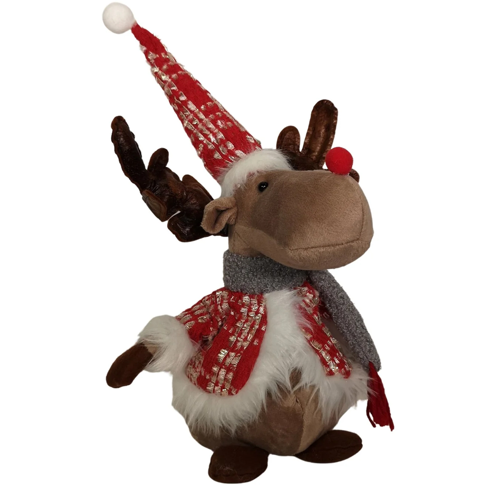 Samuel Alexander Plush Reindeer Christmas Decoration with Hat and Scarf in Red Image 1