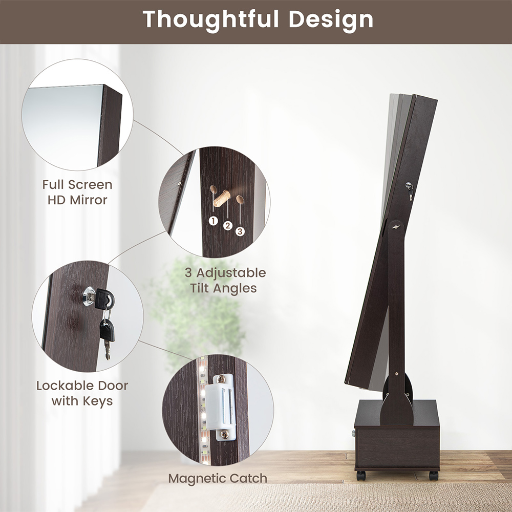 Costway Single Door Single Drawer Brown Mirrored LED Jewellery Cabinet Image 8