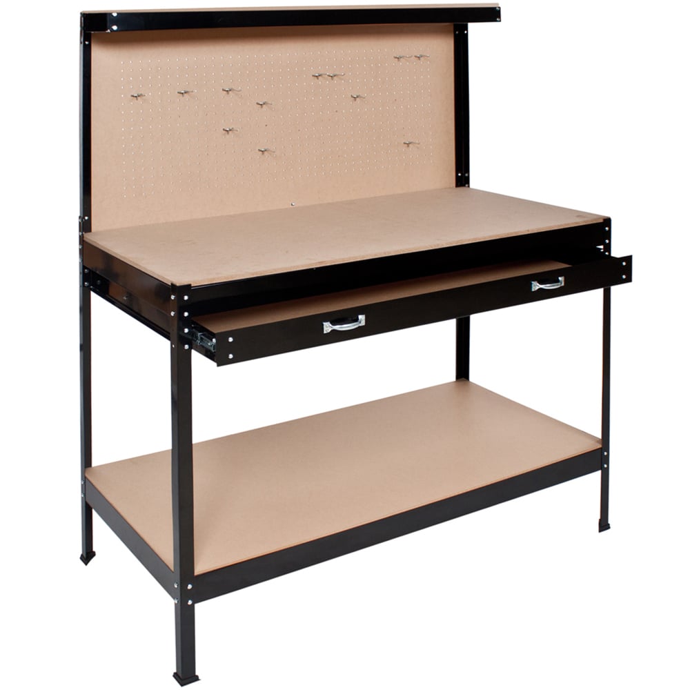 tectake 2 Shelf Single Drawer Black Workbench with Pegboard Image 1