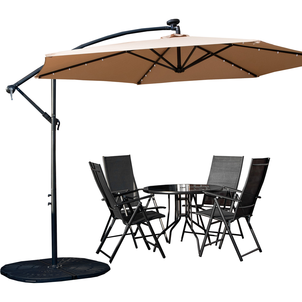 Samuel Alexander 4 Seater Glass Top Foldable Dining Set with Beige Banana Lit Parasol and Base Image 2