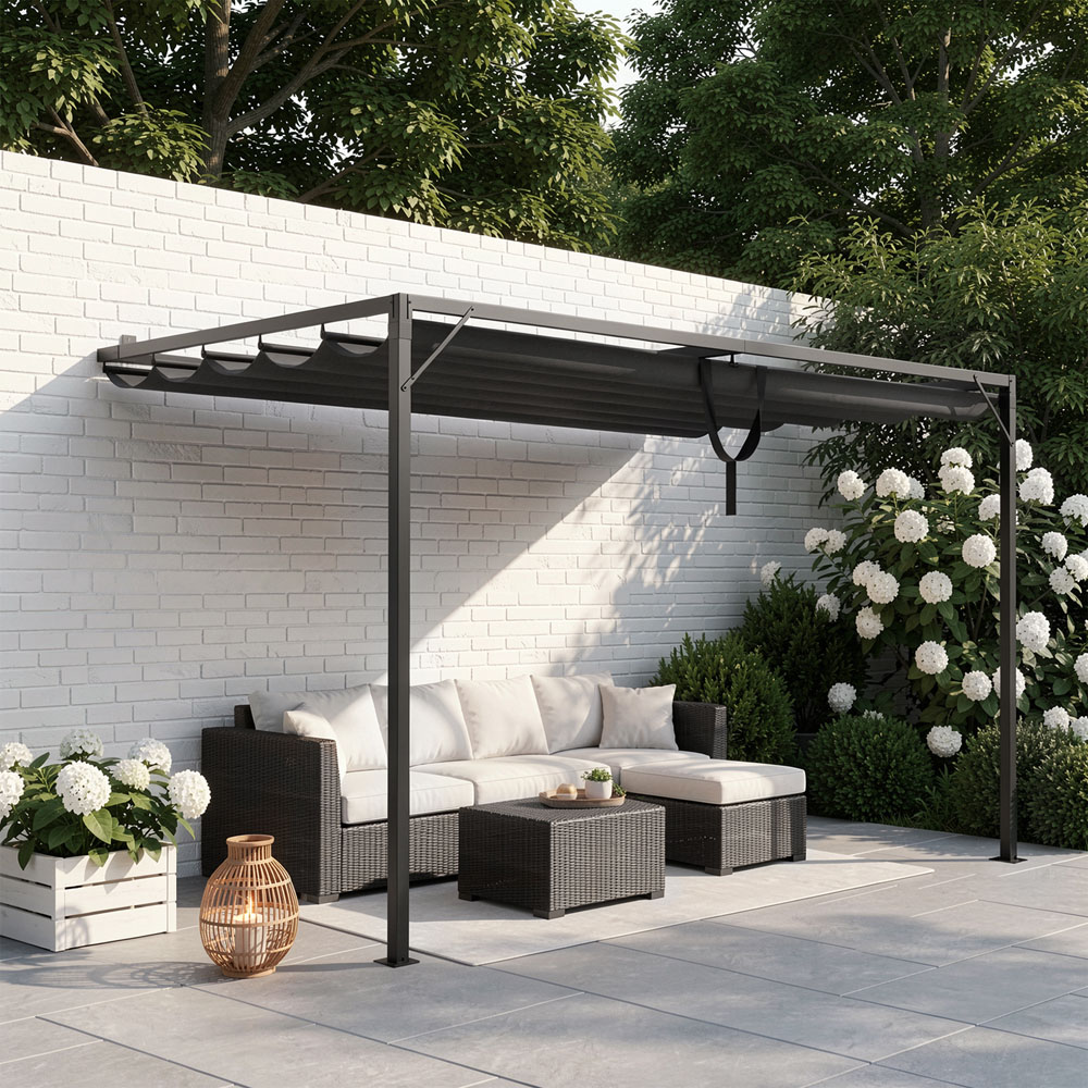 Rattrix 2 x 3m Grey Lean-to-Wall Metal Pergola with Retractable Canopy Image 4