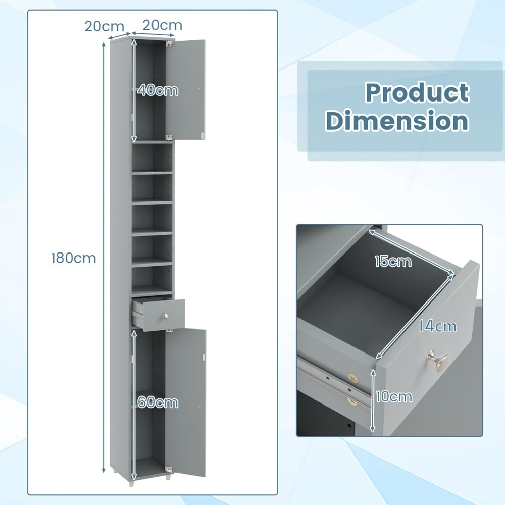 Costway 2 Door Single Drawer 5 Shelf Grey Tall Freestanding Storage Cabinet Image 9