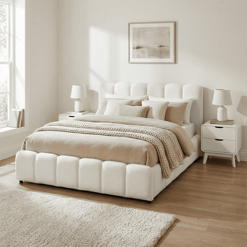 Home Source Bubble Double White Textured Velvet Lift-Up Ottoman Bed with Fluted Headboard Image 8
