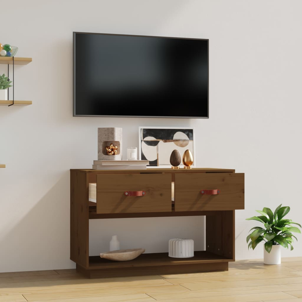 vidaXL 2 Drawer Single Open Shelf Honey Brown Solid Wood Pine TV Cabinet Image 3