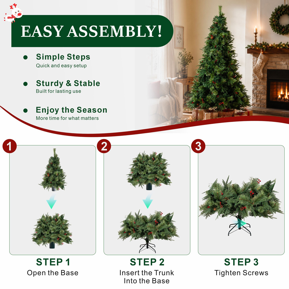 Abrihome Green Artificial Christmas Tree with Blooming Pine Needles Berries and Pinecones 8.5ft Image 5