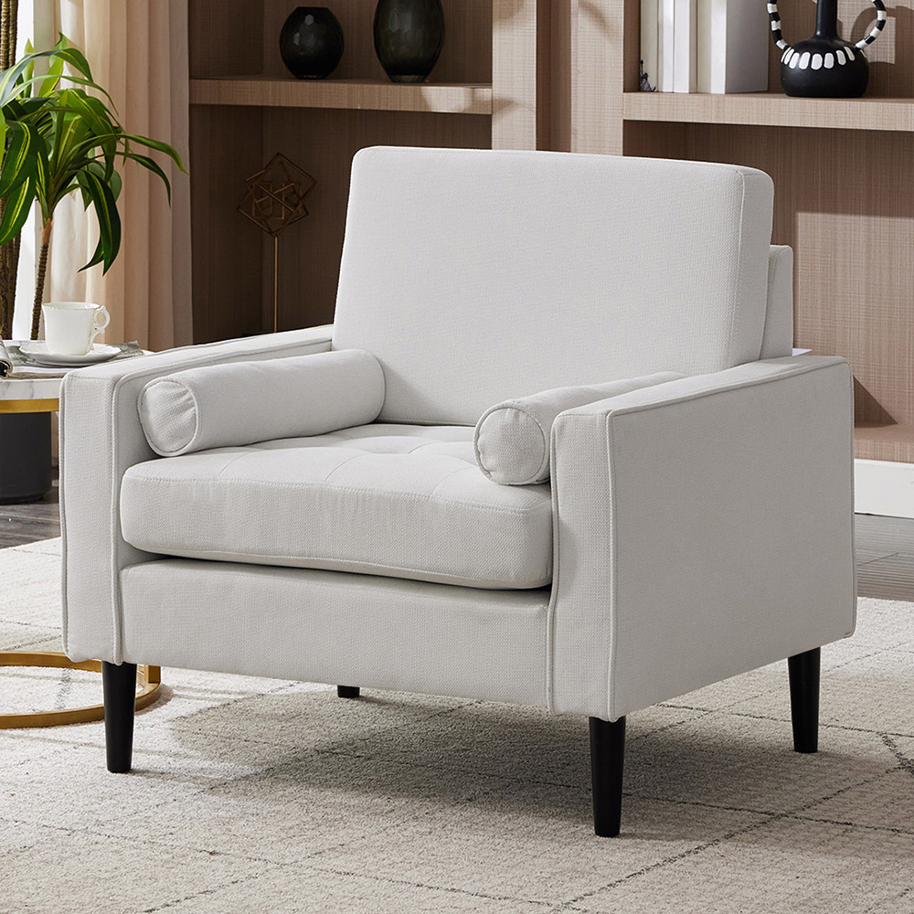 Living and Home Beige Linen Mid-Century Armchair with Armrest Pillows Image 7