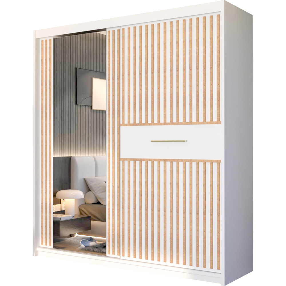 M N Furniture Laiyal 2 Door White Mirrored Sliding Wardrobe with Oak Strip 150cm Image 2