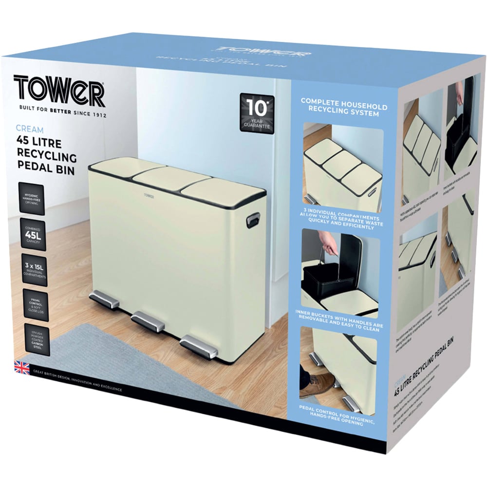 Tower Triple Recycling Cream Pedal Bin 45L Image 2