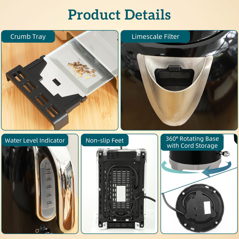 HOMCOM 800-287V70BK Black Retro 1.7L Kettle and 2 Slice Toaster Set 3000W Image 3