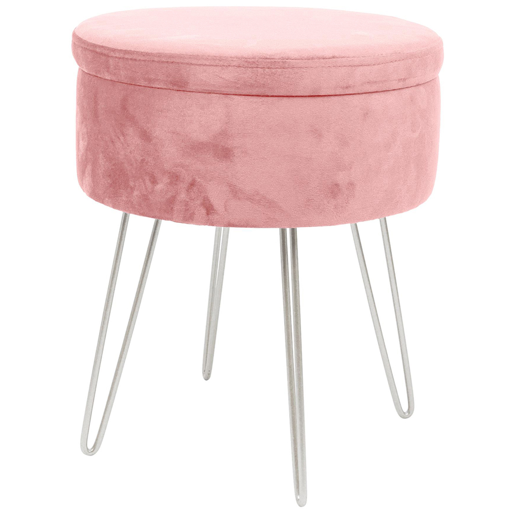 Harbour Housewares Pink and Silver Velvet Round Footstool with Storage Image 2