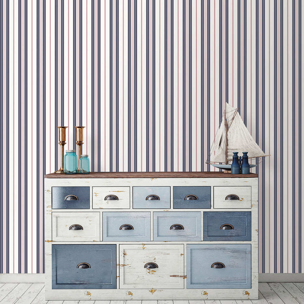 Galerie Deauville 2 Striped Navy White and Red Wallpaper Image 3
