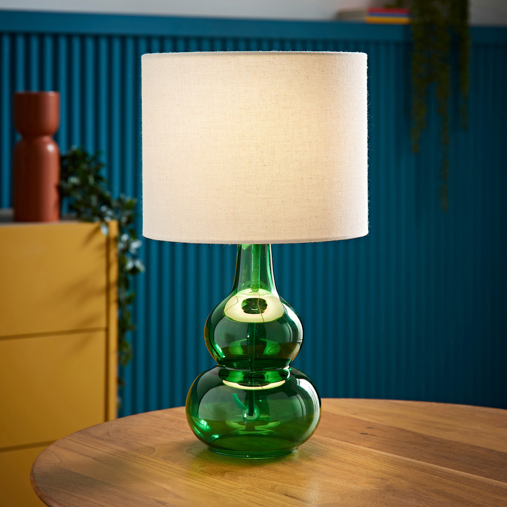 ValueLights Aida Natural Linen Tall Lamp Shade Green Bubble Glass LED Table Lamp Image 2