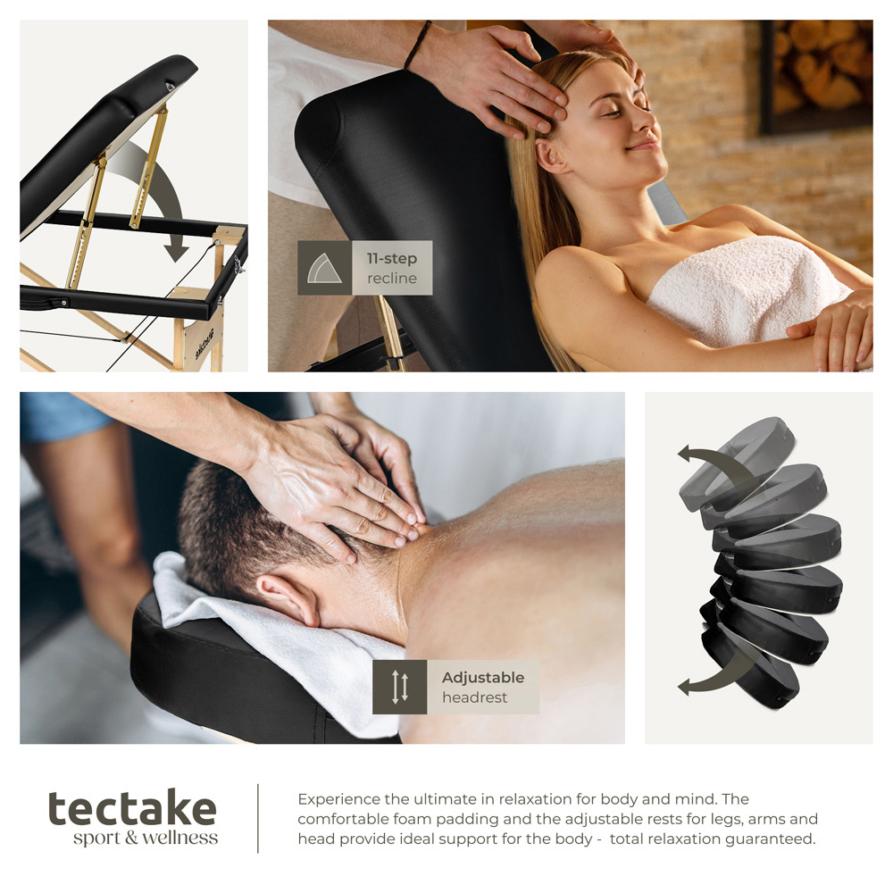 tectake Black 3 Zone Portable Adjustable Massage Table with Headrest Armrests and Carry Bag Image 7