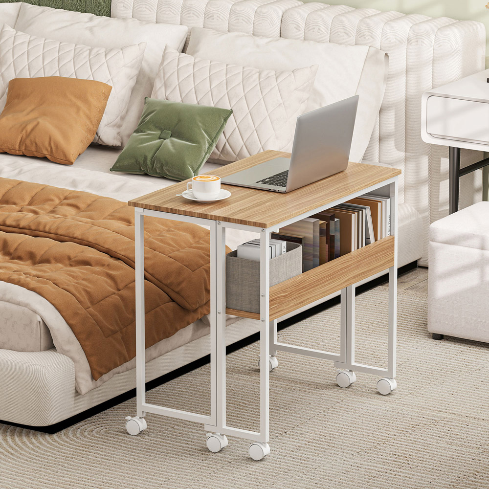 HOMCOM Single Shelf Foldable Computer Desk with Wheels and Side Bag Natural Image 8
