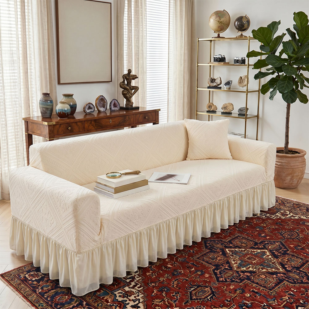 Living and Home 3 Seater Beige Damask 3D Embossed Plush Sofa Cover Image 2