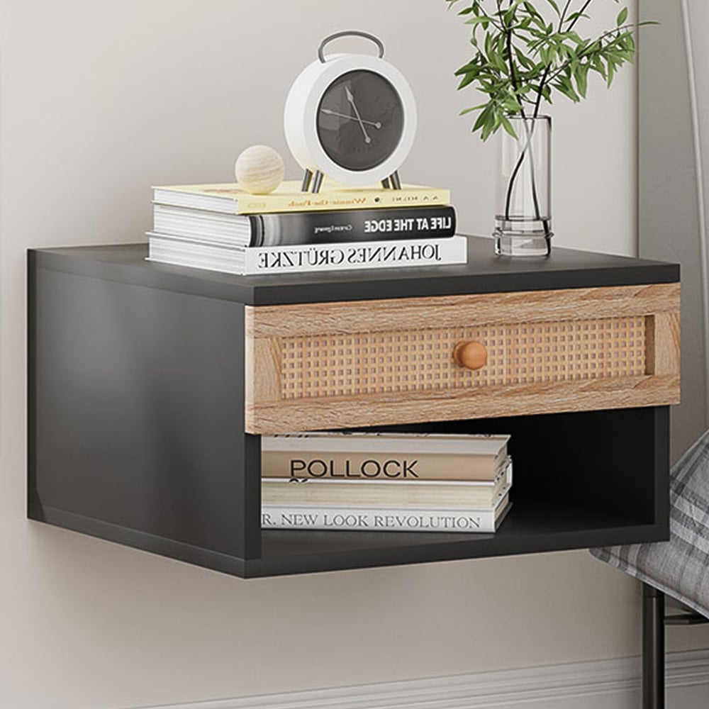 H&O Direct Single Drawer Single Shelf Black Woven Rattan Floating Nightstand Image 1