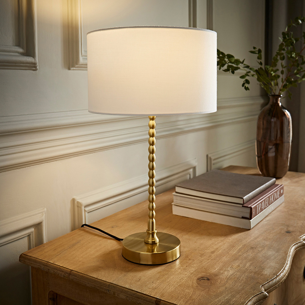 ValueLights Maeve White and Gold Drum Lamp Shade Bobbin Bobble Table Lamp and LED Bulb Image 2