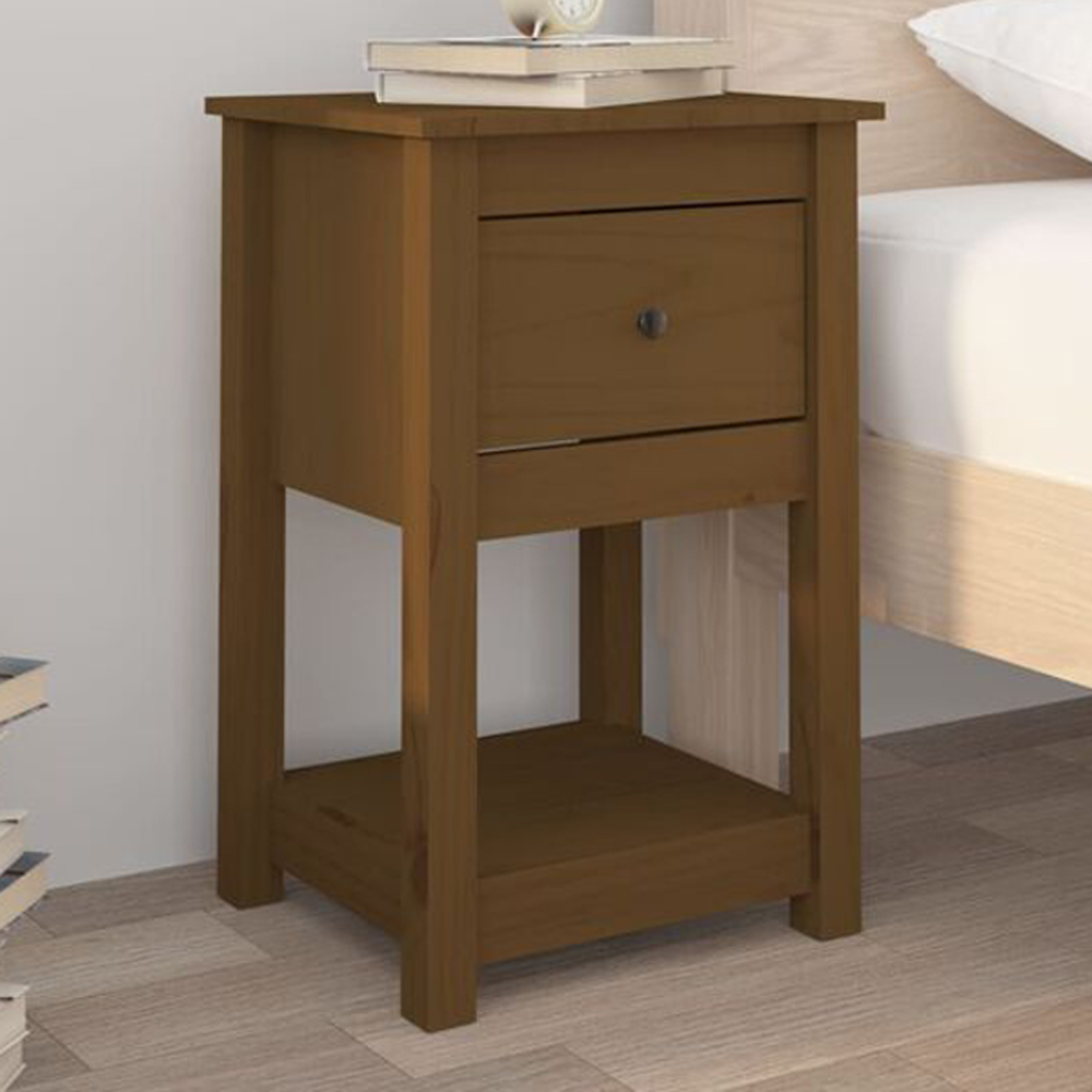 vidaXL Single Drawer Honey Brown Solid Pine Bedside Table Set of 2 Image 1