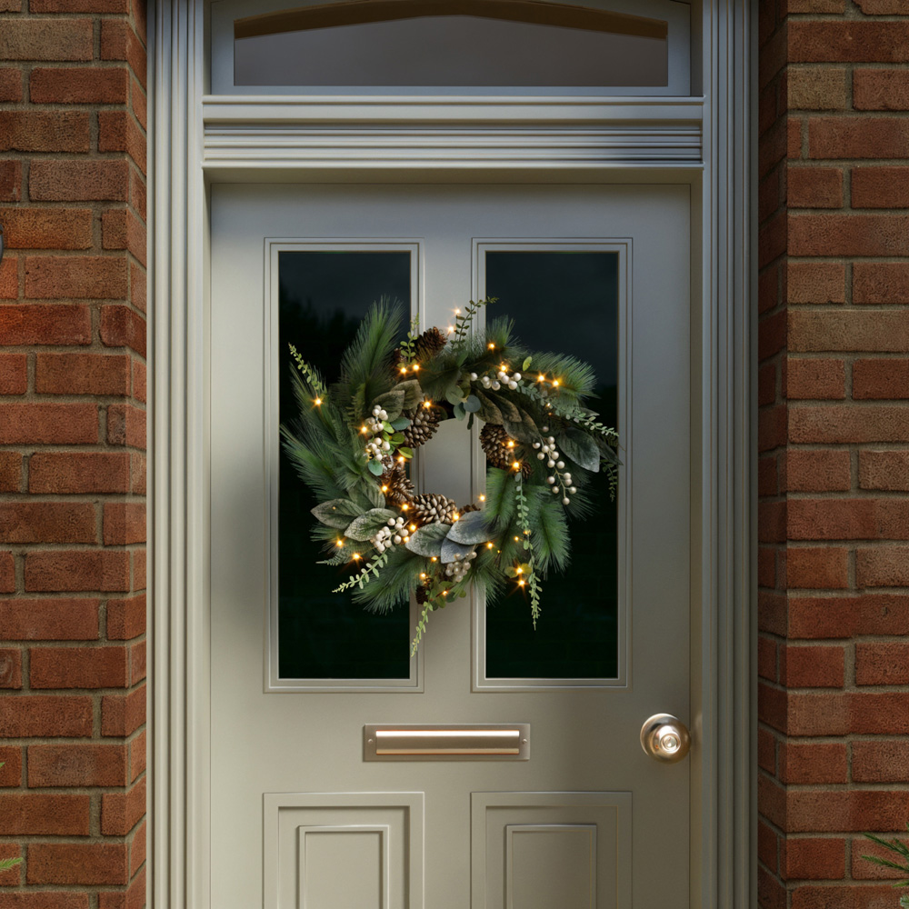 Charles Bentley Pre-Lit Eucalyptus Christmas Wreath White Berry and Pinecone 55cm Image 2
