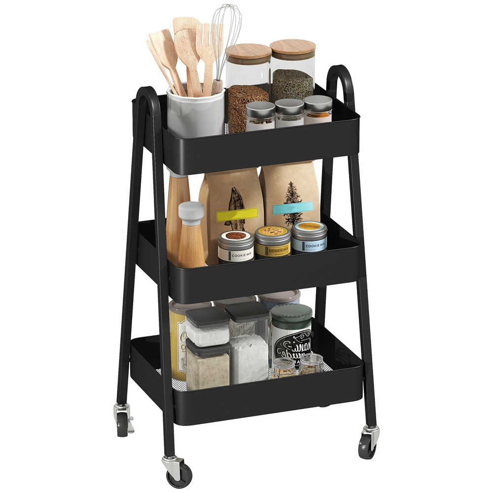 HOMCOM 3-Tier Black Kitchen Storage Trolley Image 1