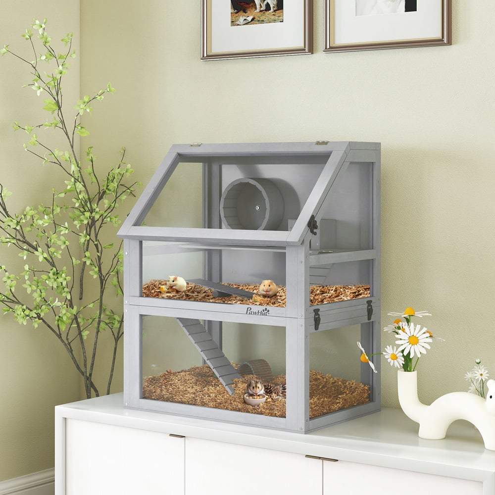 PawHut Light Grey Wooden Hamster Cage with Detachable Bottom Image 2