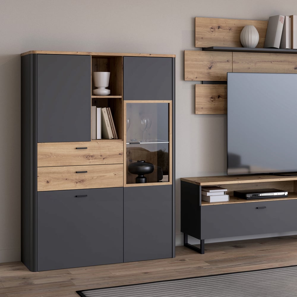 Florence Klara 3 Door 2 Drawer 2 Shelf Grey and Oak Glass Display Cabinet Image 7