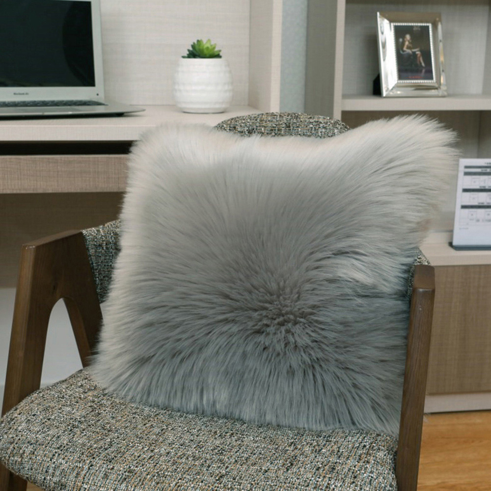 Living and Home Grey Square Fluffy Faux Fur Throw Cushion Cover 45 x 45cm Image 3